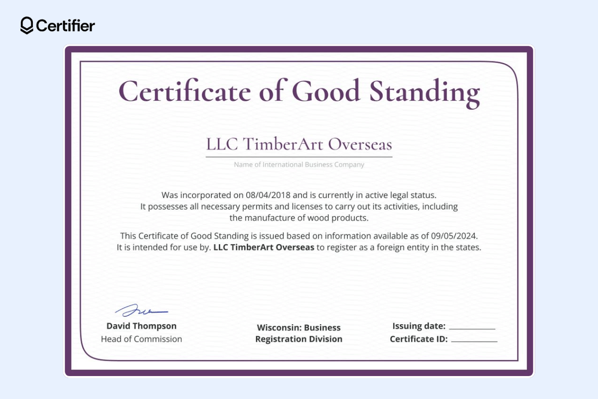 The certificate of LLCs with a large purple title, highlighted name of the organization, a thick border, delicate and centered text in black, plenty of space for additional data, and a delicate background texture.