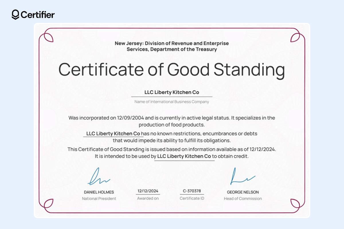 Elegant certificate of good standing with pink frame, black and centered text, two signatures at the bottom, issuing date, certificate ID, and the name of the department at the very top.
