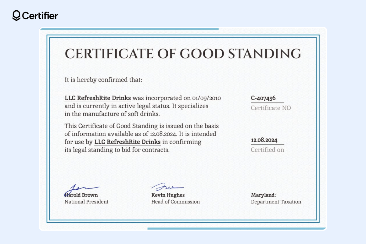 The modern certificate of good standing with a double frame, two long slim rectangles outside of the frame, the black text.