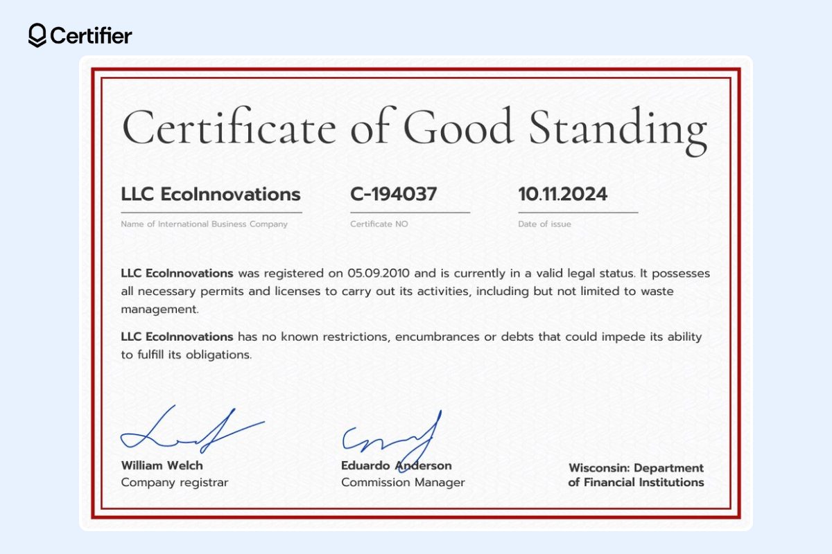 A subtle certificate of good standing with a double red frame, a large title, text aligned to the left, two large signatures, the name of the department, and prominent information about the recipient company, certificate ID, and date.