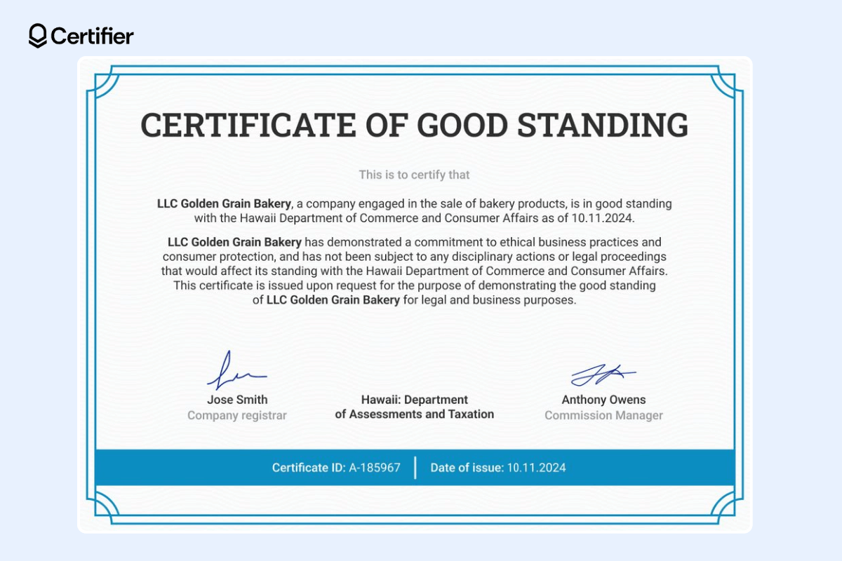 The certificate of good standing template with bright blue parts, like frames, a horizontal rectangle at the bottom of the document, white background, black font.